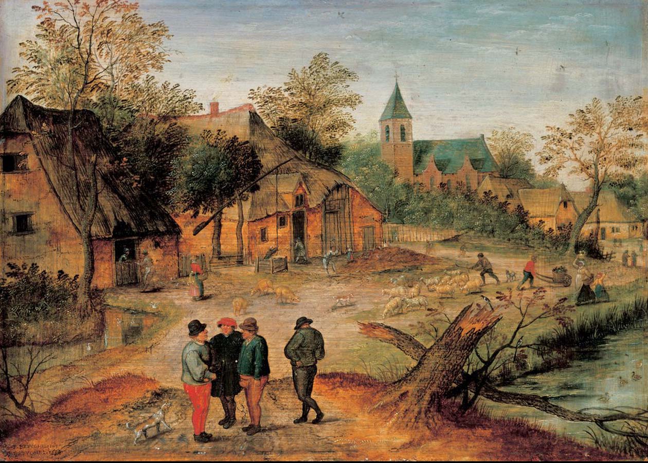 Paysage de village avec des fermiers conversant au premier plan