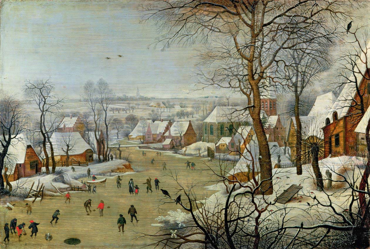 Paysage d'hiver avec patineurs et piège à oiseaux