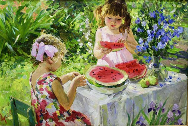 Little girls in the garden - watermelon