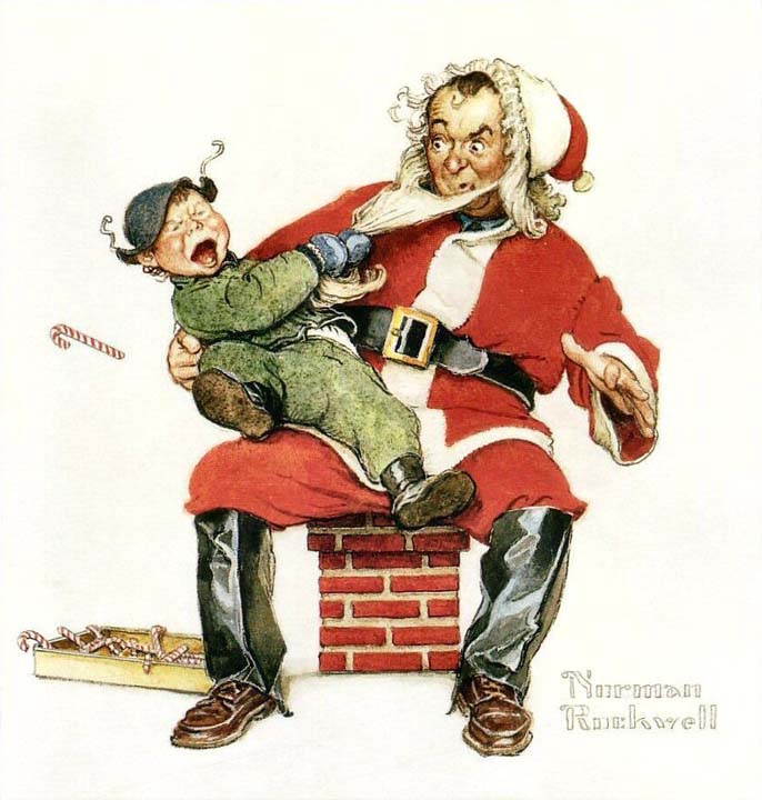 Crying child pulling Santa's beard