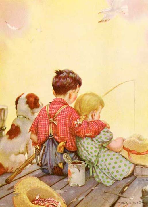 Enfants et chien à la pêche, frère et sœur