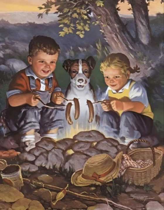 Enfants et chien autour du feu de camp
