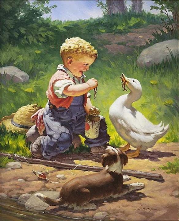 Un petit garçon avec son chiot et un canard